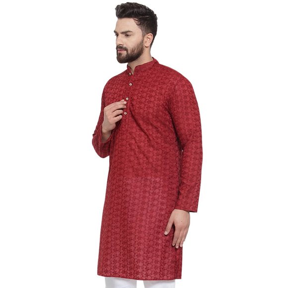 Designer Maroon Cotton Chikankari Lucknowi Jaal Embroidered Kurta for Men - Picture 3 of 5